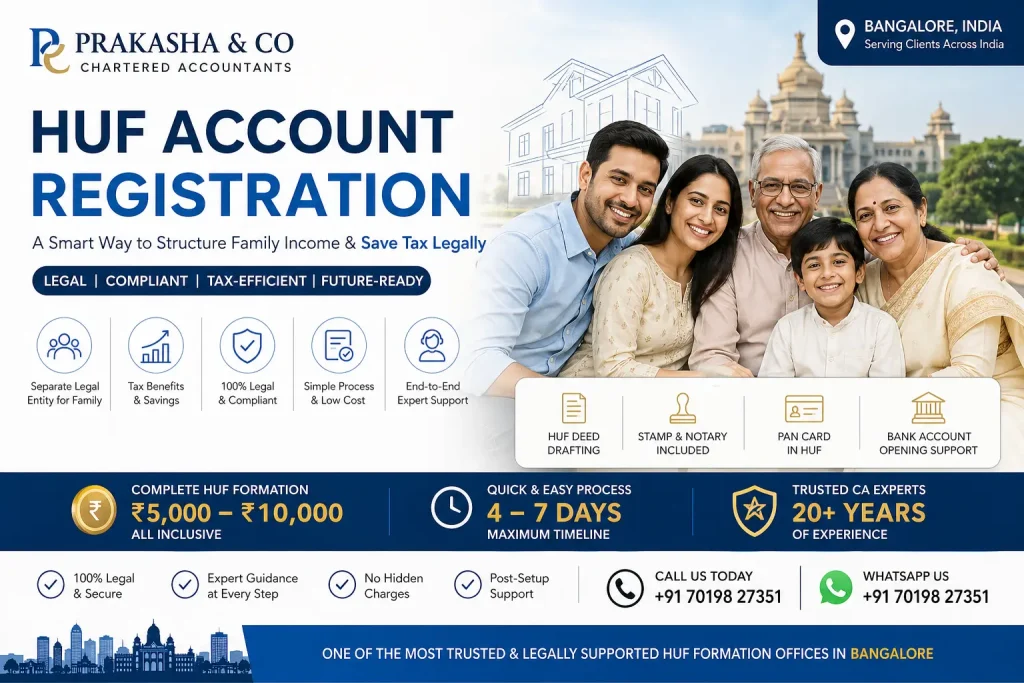 HUF account registration in Bangalore by Prakasha & Co with low cost setup and CA support